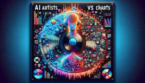 alt_text: "AI Artists vs Charts: A New Music Showdown poster with vibrant music-themed graphics."