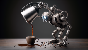 alt_text: A clumsy robot attempts to pour coffee, missing the cup entirely, illustrating tech imperfections.