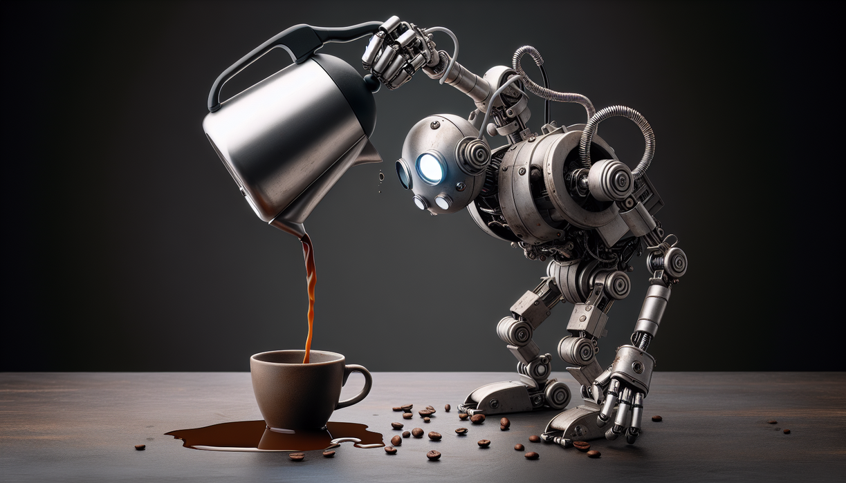 alt_text: A clumsy robot attempts to pour coffee, missing the cup entirely, illustrating tech imperfections.