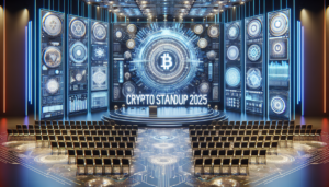 alt_text: A futuristic conference stage with "Crypto StandUp 2025," merging Web3 tech and electronics displays.