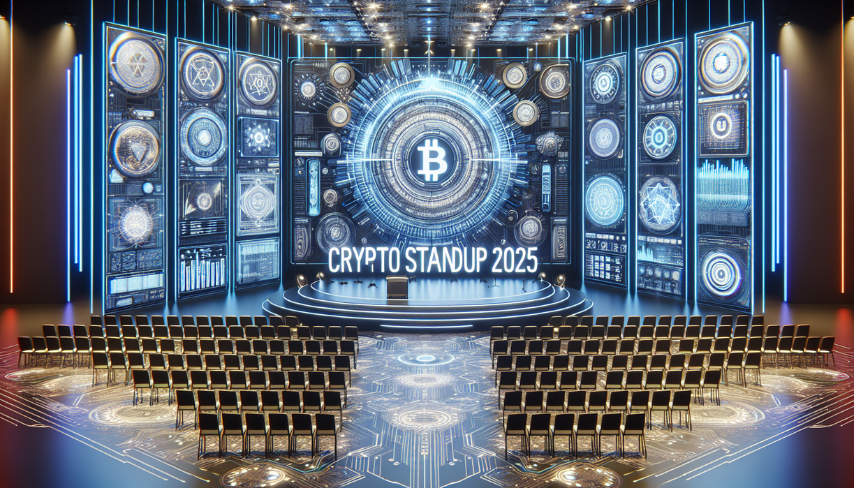 alt_text: A futuristic conference stage with "Crypto StandUp 2025," merging Web3 tech and electronics displays.