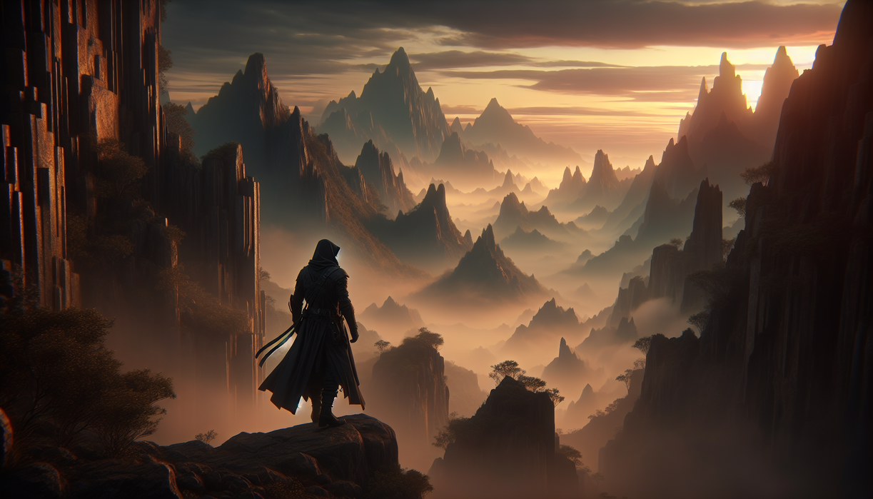 alt_text: Epic fantasy landscape with misty mountains and a hero poised for action in a AAA game setting.