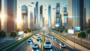 alt_text: A futuristic cityscape with Tesla cars autonomously navigating the streets.