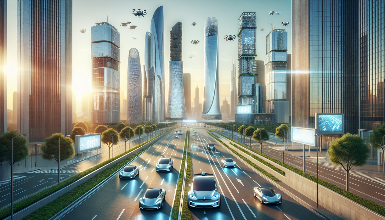 alt_text: A futuristic cityscape with Tesla cars autonomously navigating the streets.
