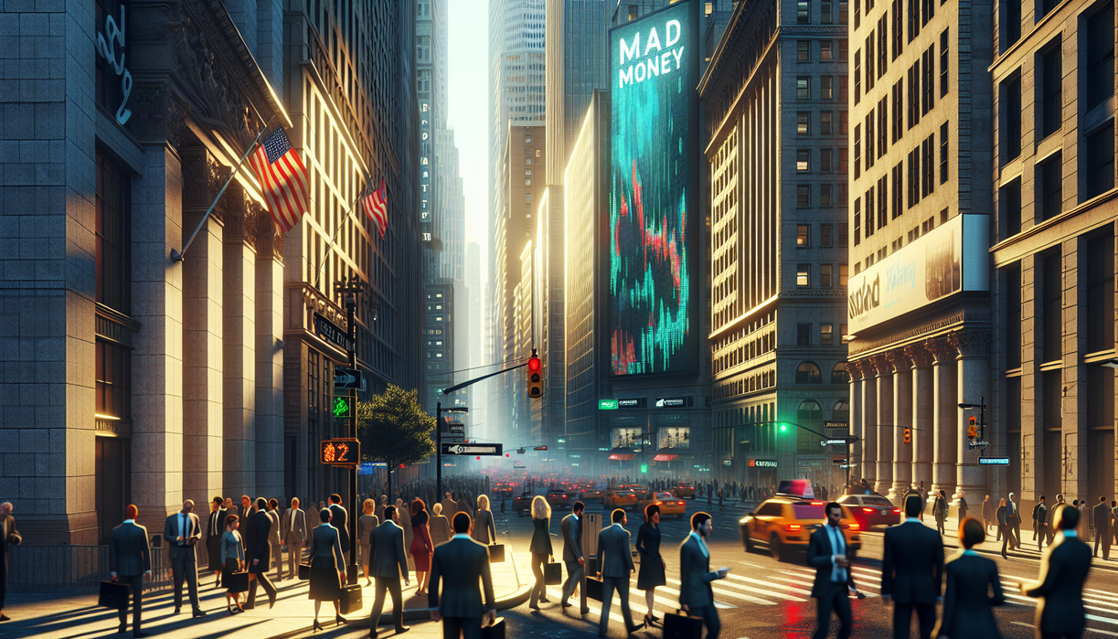 alt_text: A busy financial district with stock tickers and the "Mad Money" logo prominently displayed.