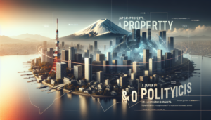 alt_text: Japanese skyline with text on property, risk, and geopolitics in a modern context.