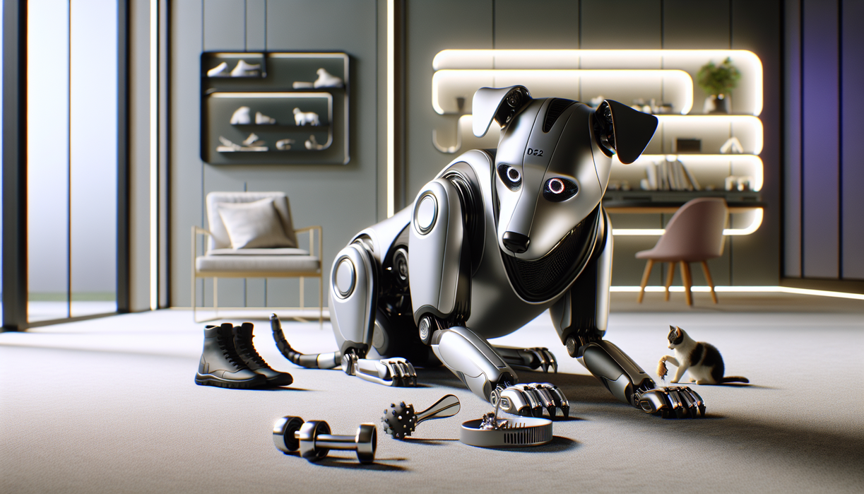 alt_text: Futuristic silver robot dog with glowing eyes and sleek design standing on a metallic surface.