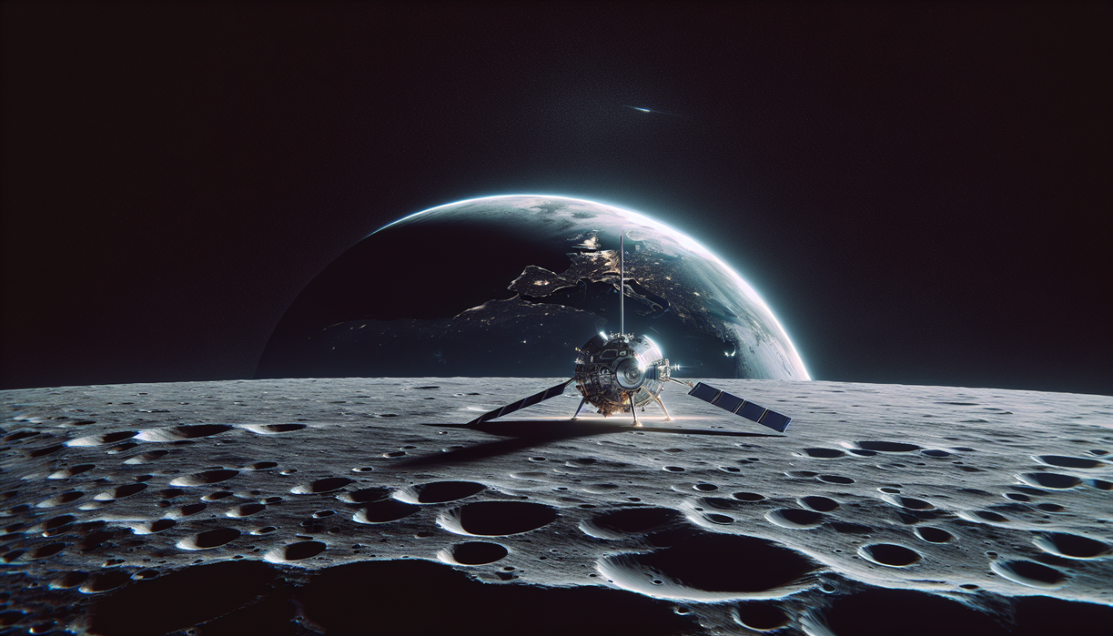 alt_text: Astronaut gazing at the moon from Earth, surrounded by gear and scattered blueprints.