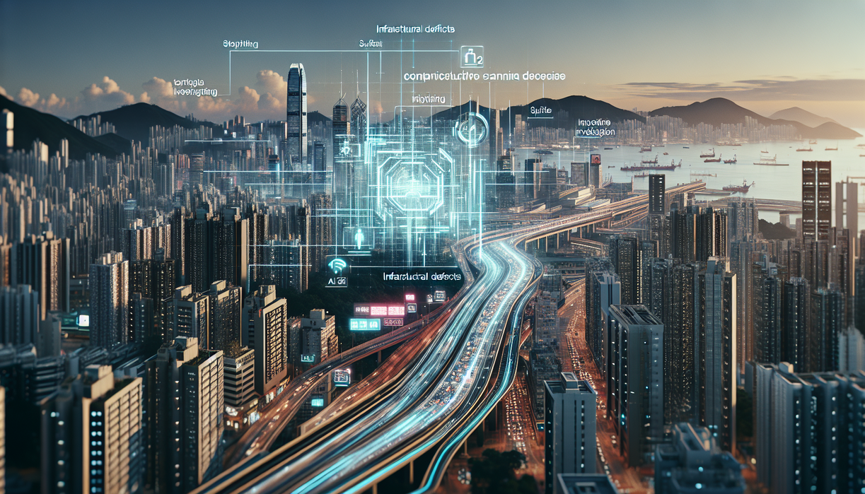 alt_text: Hong Kong skyline with AI tech analyzing buildings, highlighting infrastructure improvements.